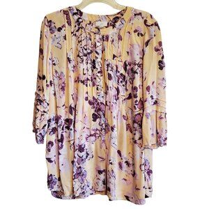 J. Jill Women's Creamy Purple Floral Print Pintucked Top 3/4 Sleeves Size Medium
